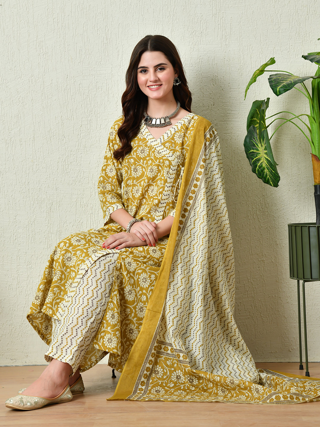 Women's Mustard Printed Angrakha A line Kurta Pant With Dupatta Set - Taantav