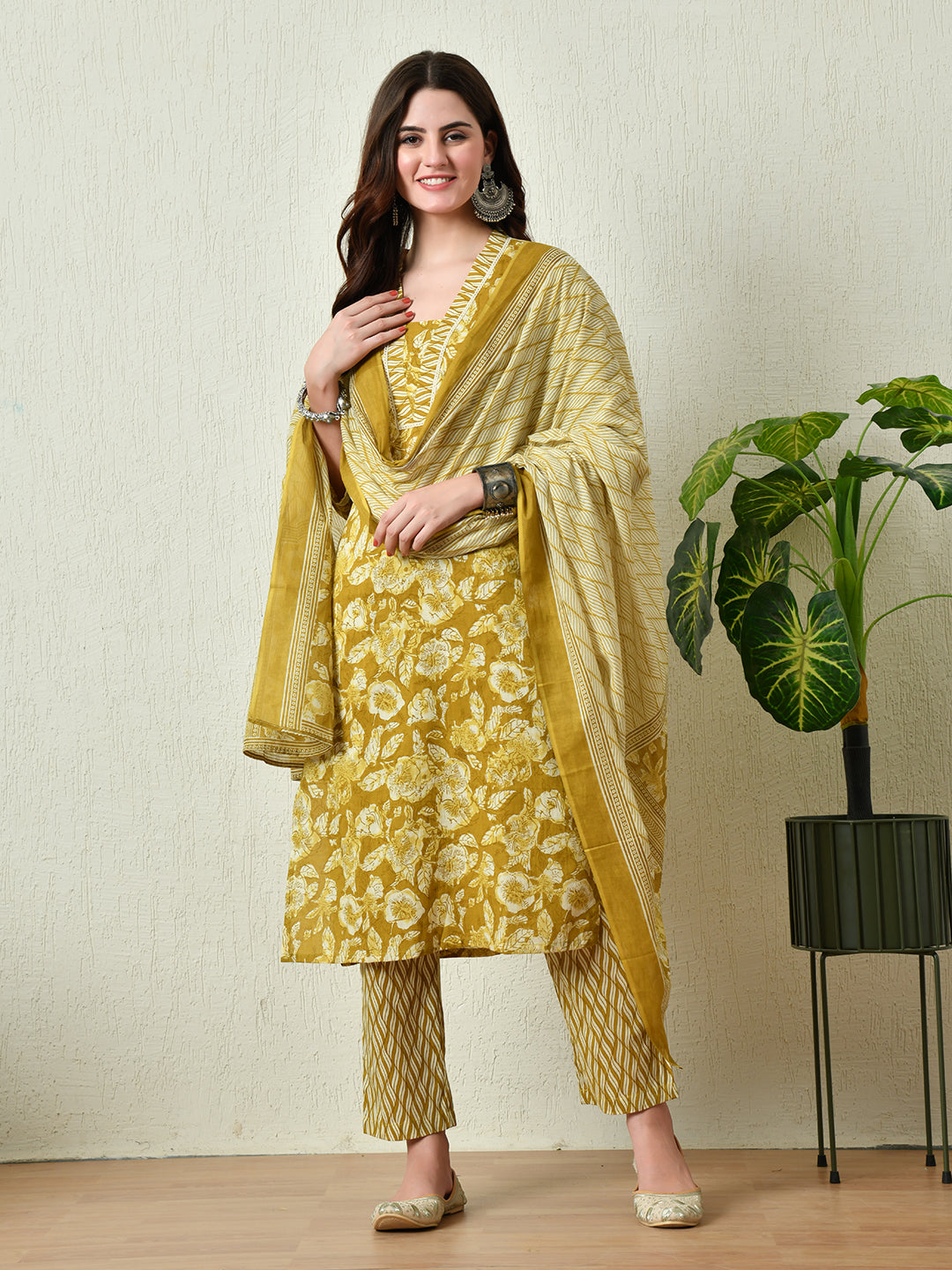 Women's Mustard Cotton Printed Kurta Pant With Dupatta Set - Taantav