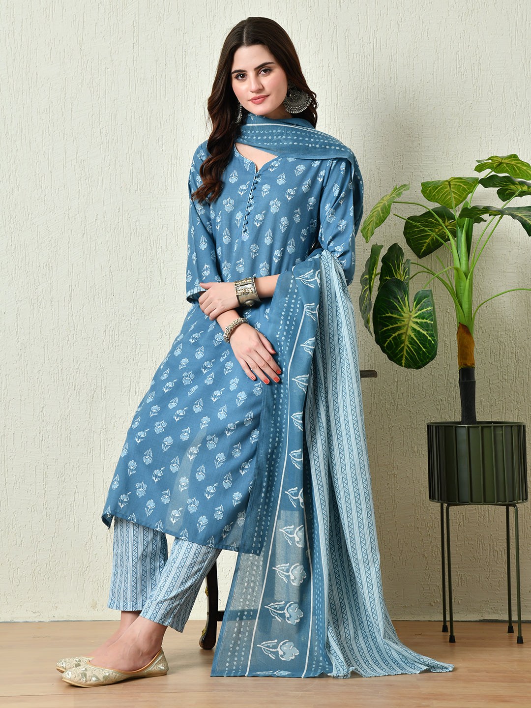 Women's Blue Printed Kurta Pant With Dupatta Set - Taantav