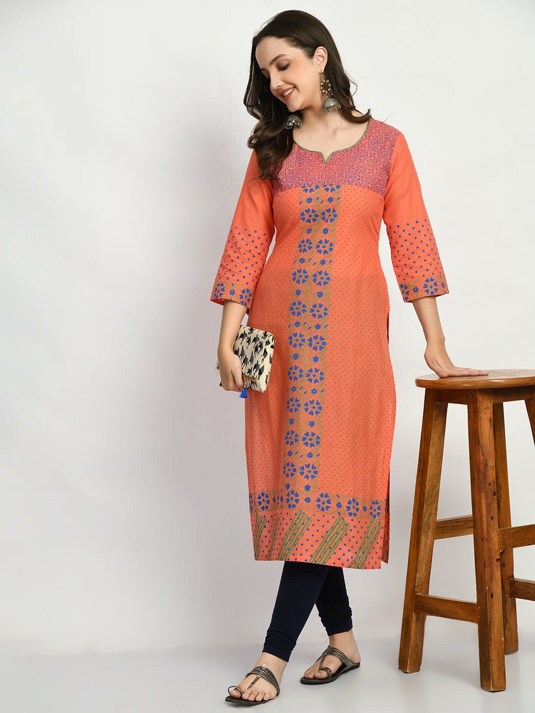 Women's Peach Hand block Printed Kurta - Taantav