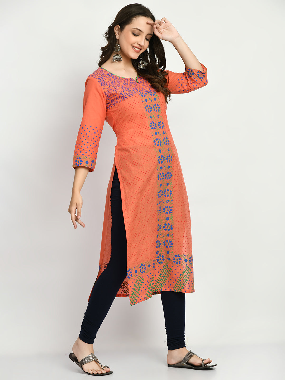 Women's Peach Hand block Printed Kurta - Taantav