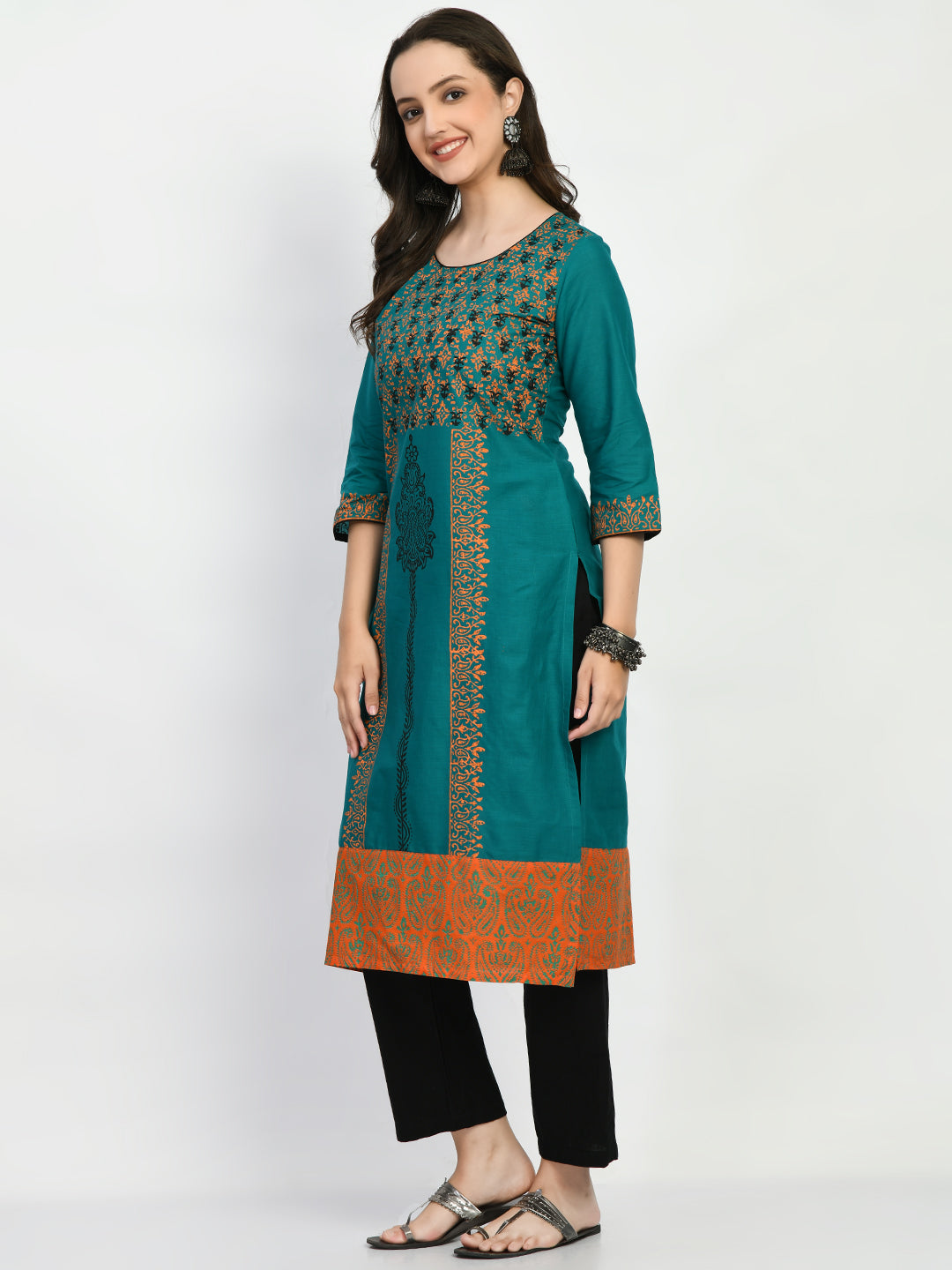 Women's Teal Hand block Printed Kurta - Taantav