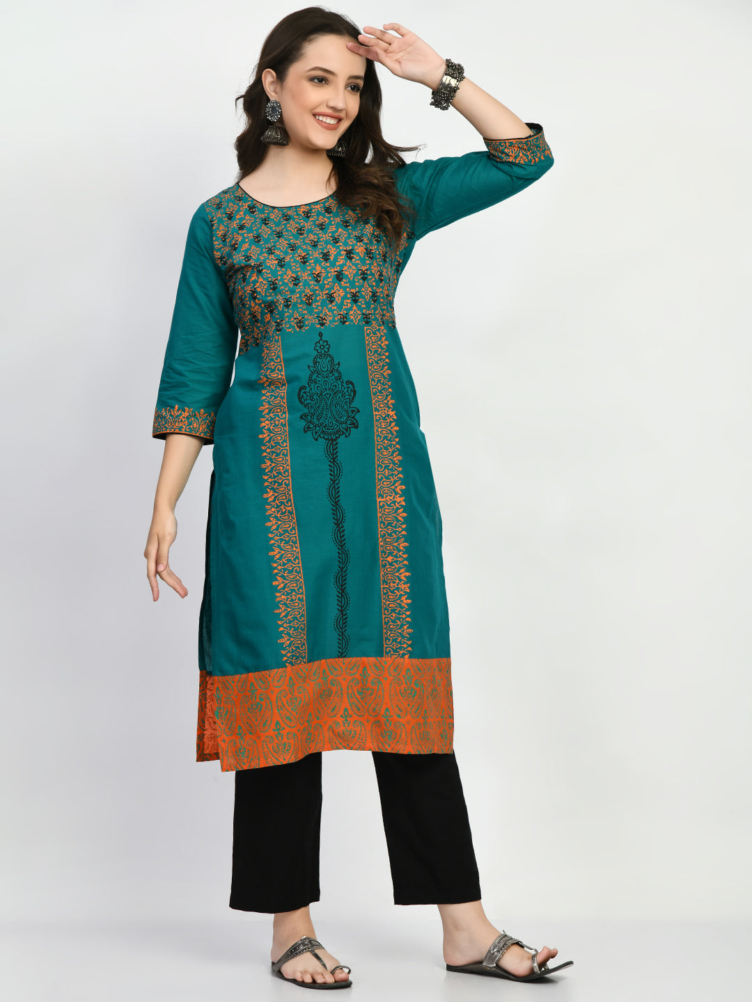 Women's Teal Hand block Printed Kurta - Taantav