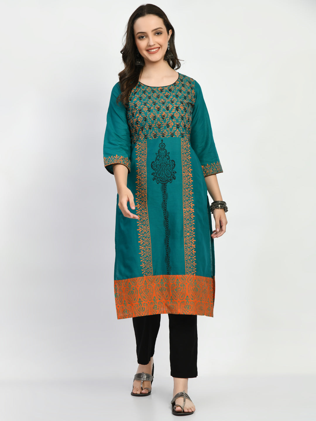 Women's Teal Hand block Printed Kurta - Taantav