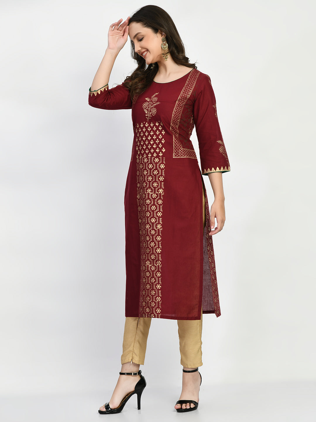 Women's Brown Hand block Printed Kurta - Taantav