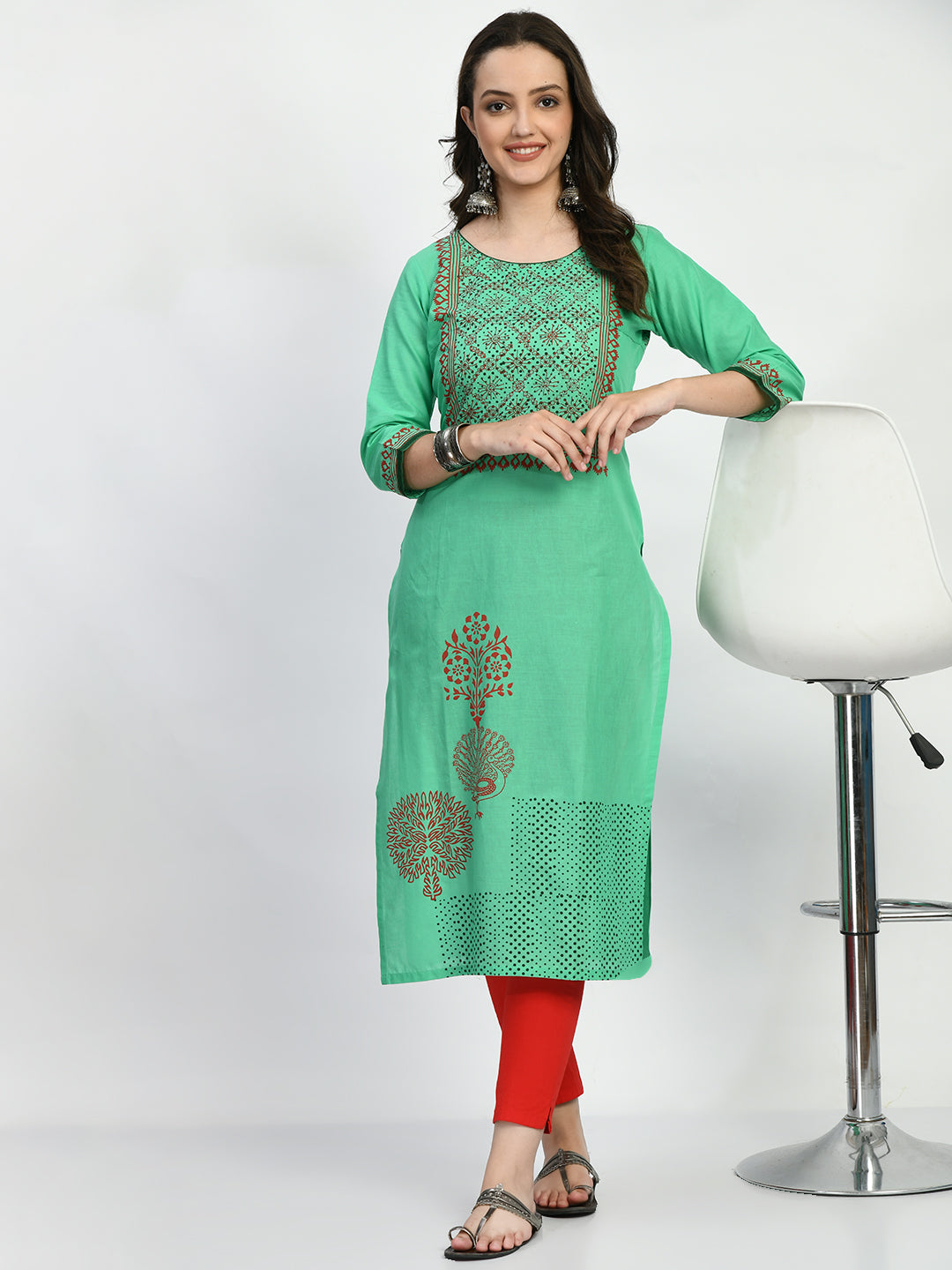 Women's Lime green Hand block Printed Kurta - Taantav