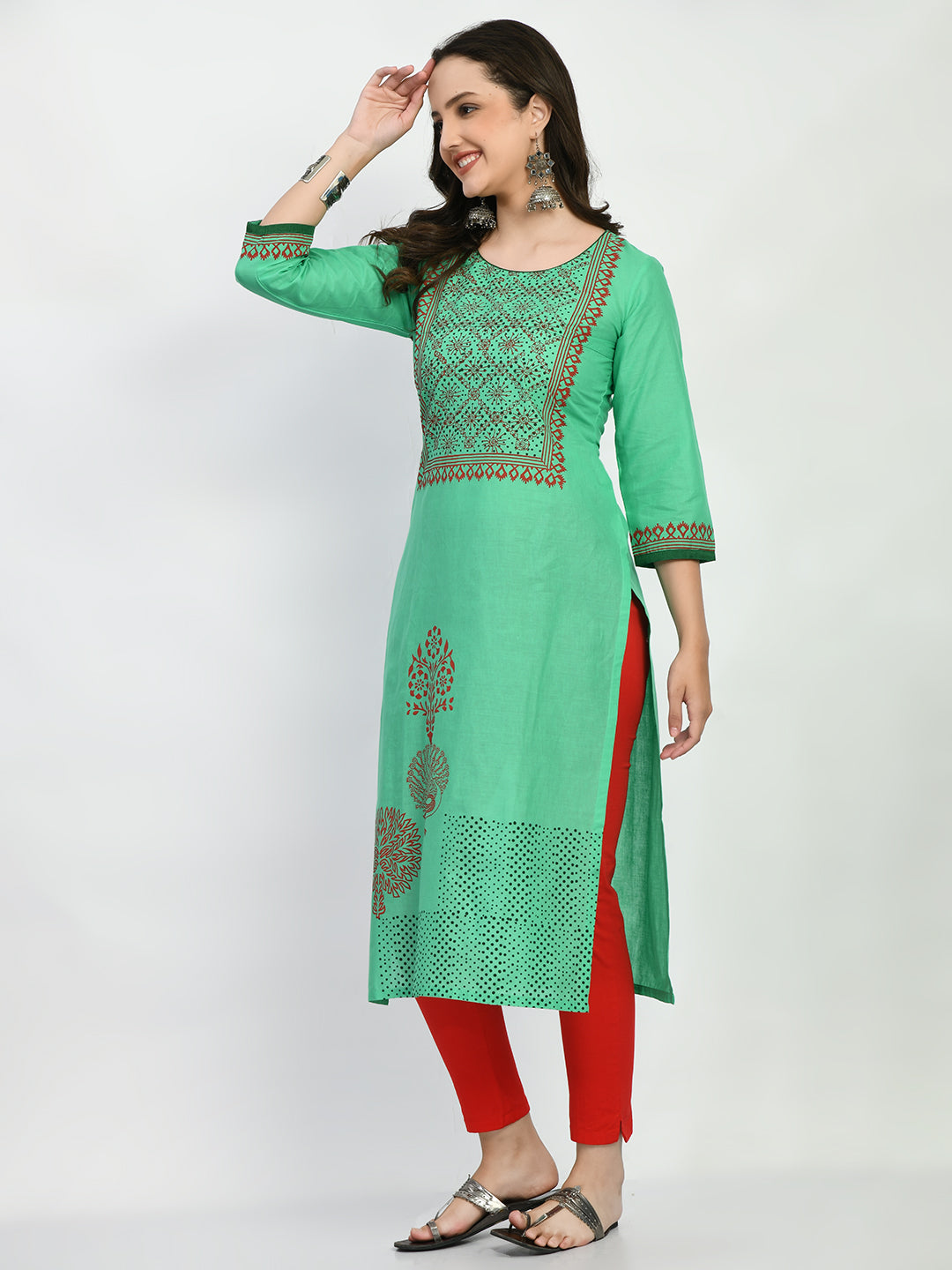 Women's Lime green Hand block Printed Kurta - Taantav