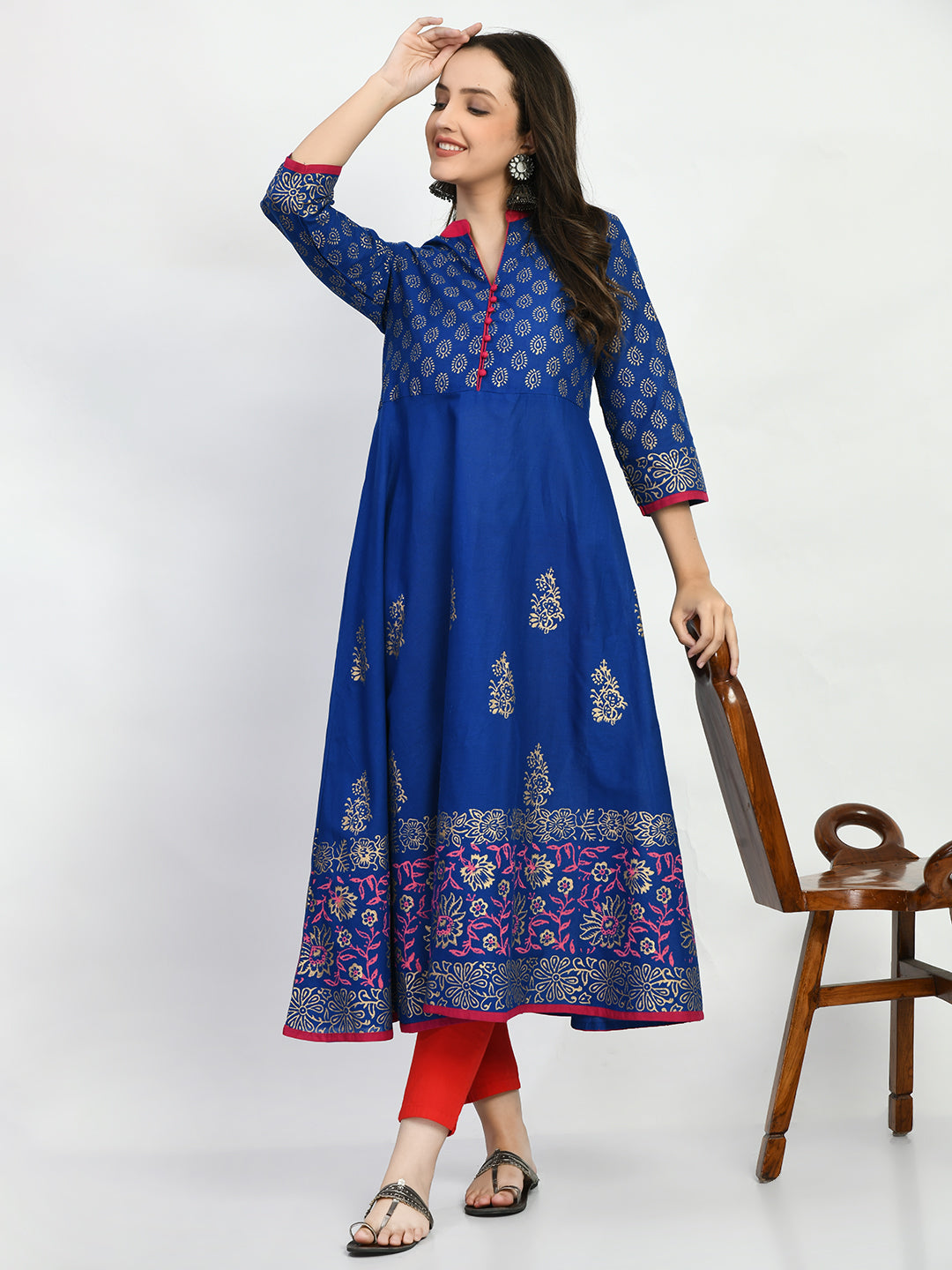 Women's Blue Hand block Printed Anarkali Kurta - Taantav