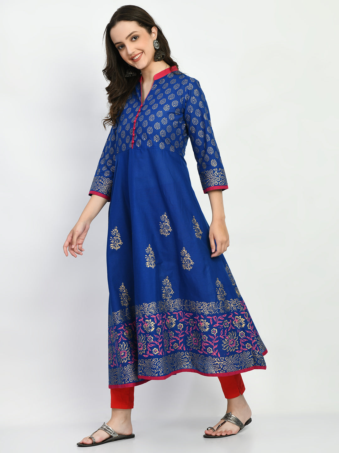 Women's Blue Hand block Printed Anarkali Kurta - Taantav