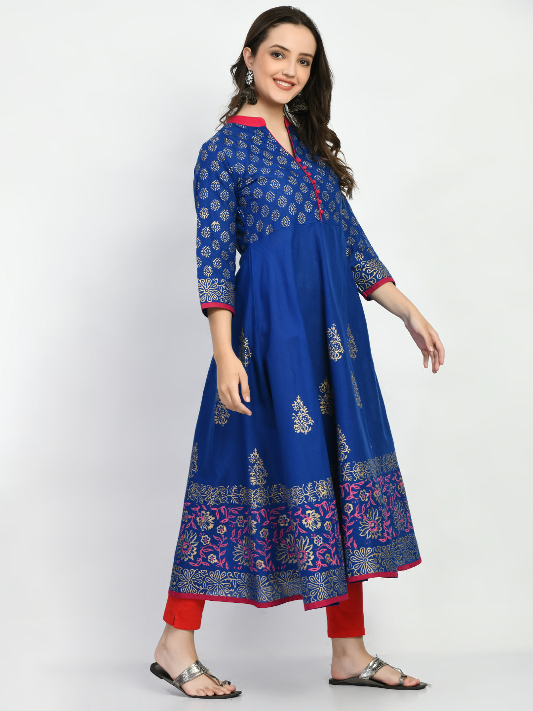 Women's Blue Hand block Printed Anarkali Kurta - Taantav