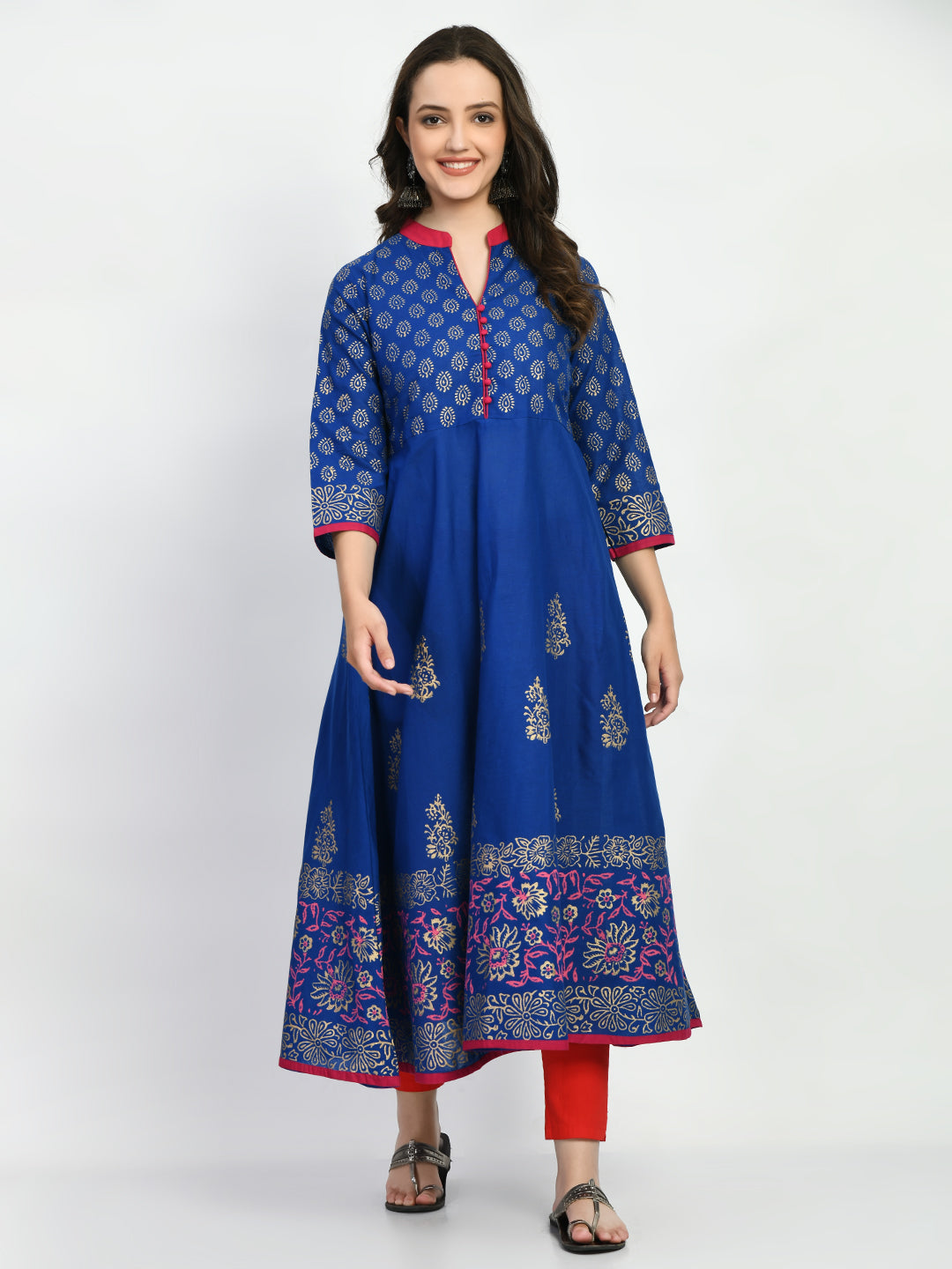 Women's Blue Hand block Printed Anarkali Kurta - Taantav