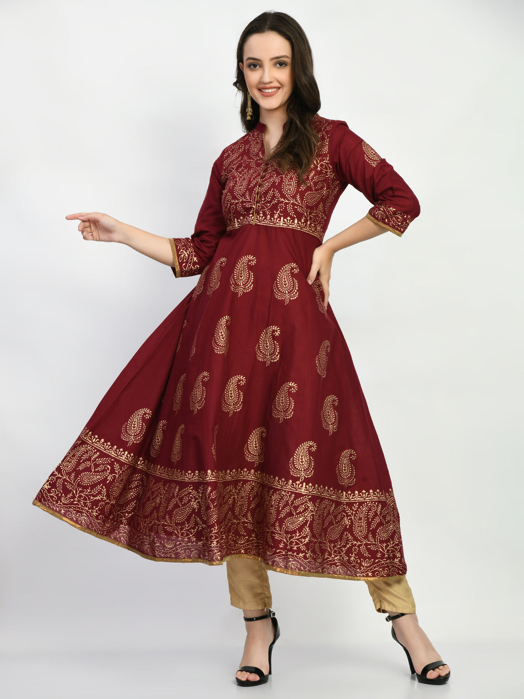 Women's Brown Hand block Printed Anarkali Kurta - Taantav