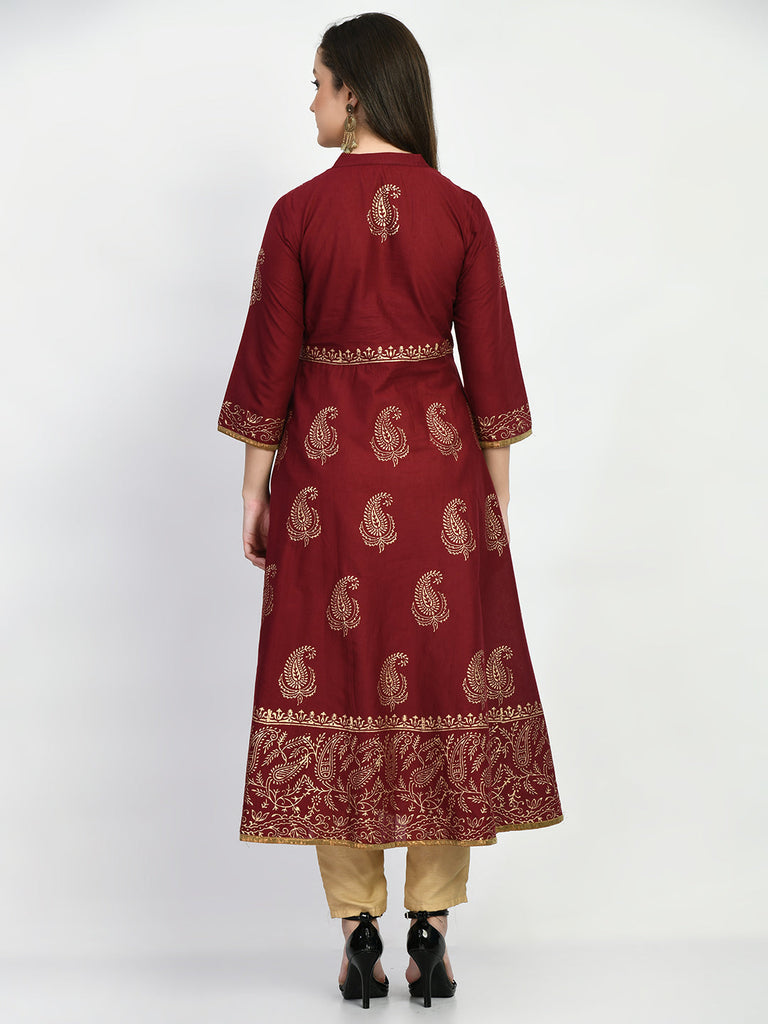 Women's Brown Hand block Printed Anarkali Kurta