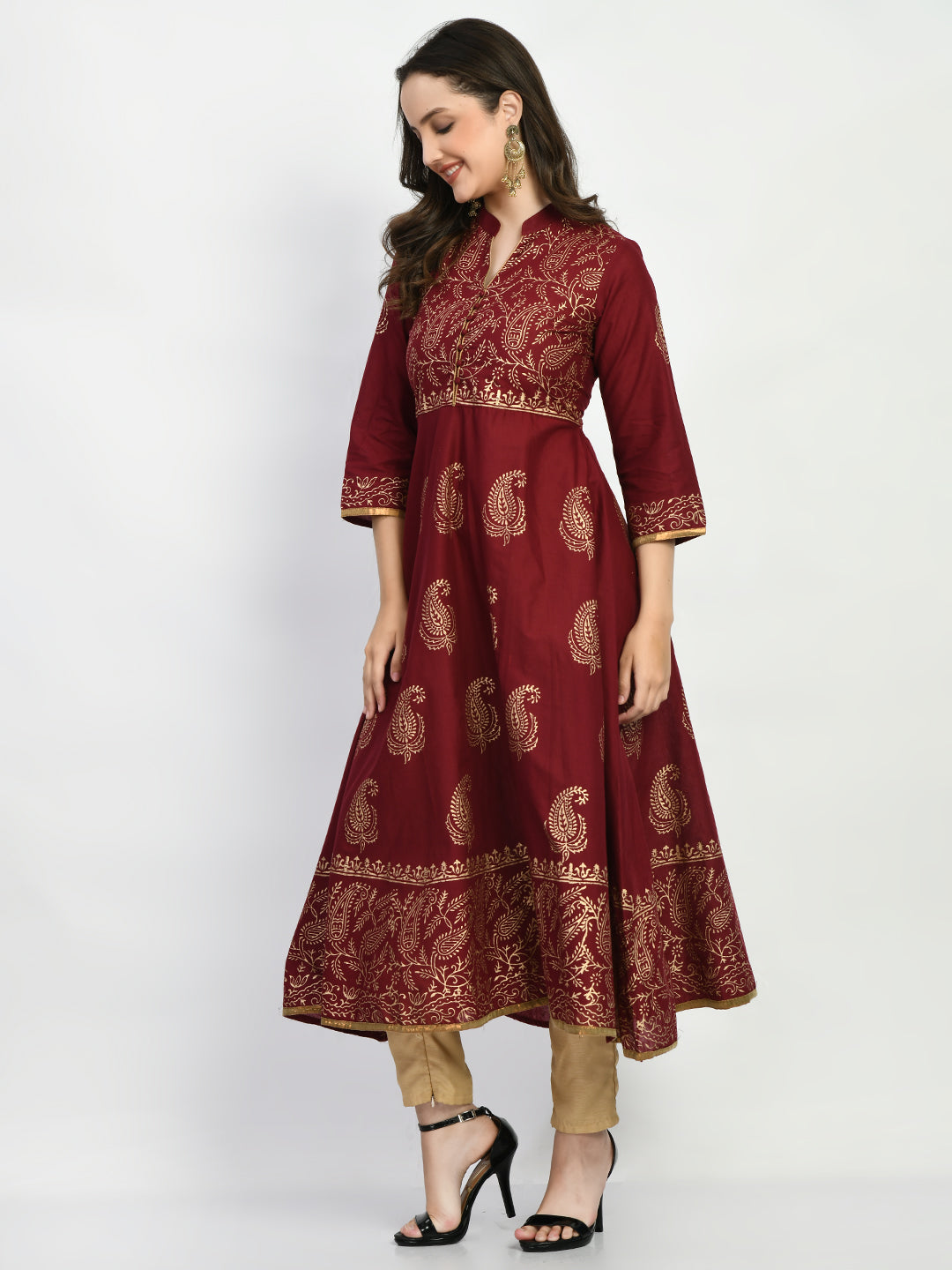 Women's Brown Hand block Printed Anarkali Kurta - Taantav