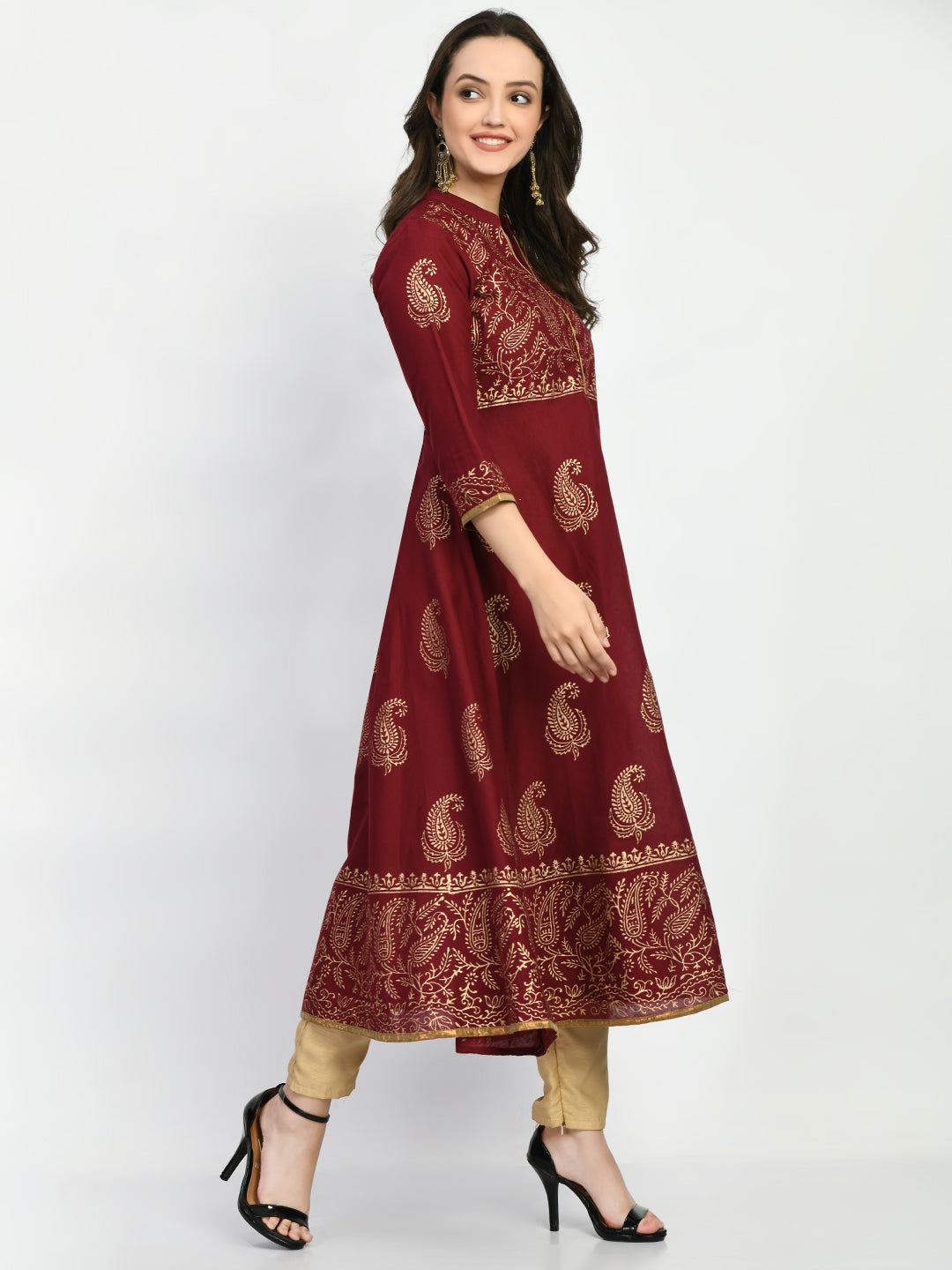 Women's Brown Hand block Printed Anarkali Kurta - Taantav