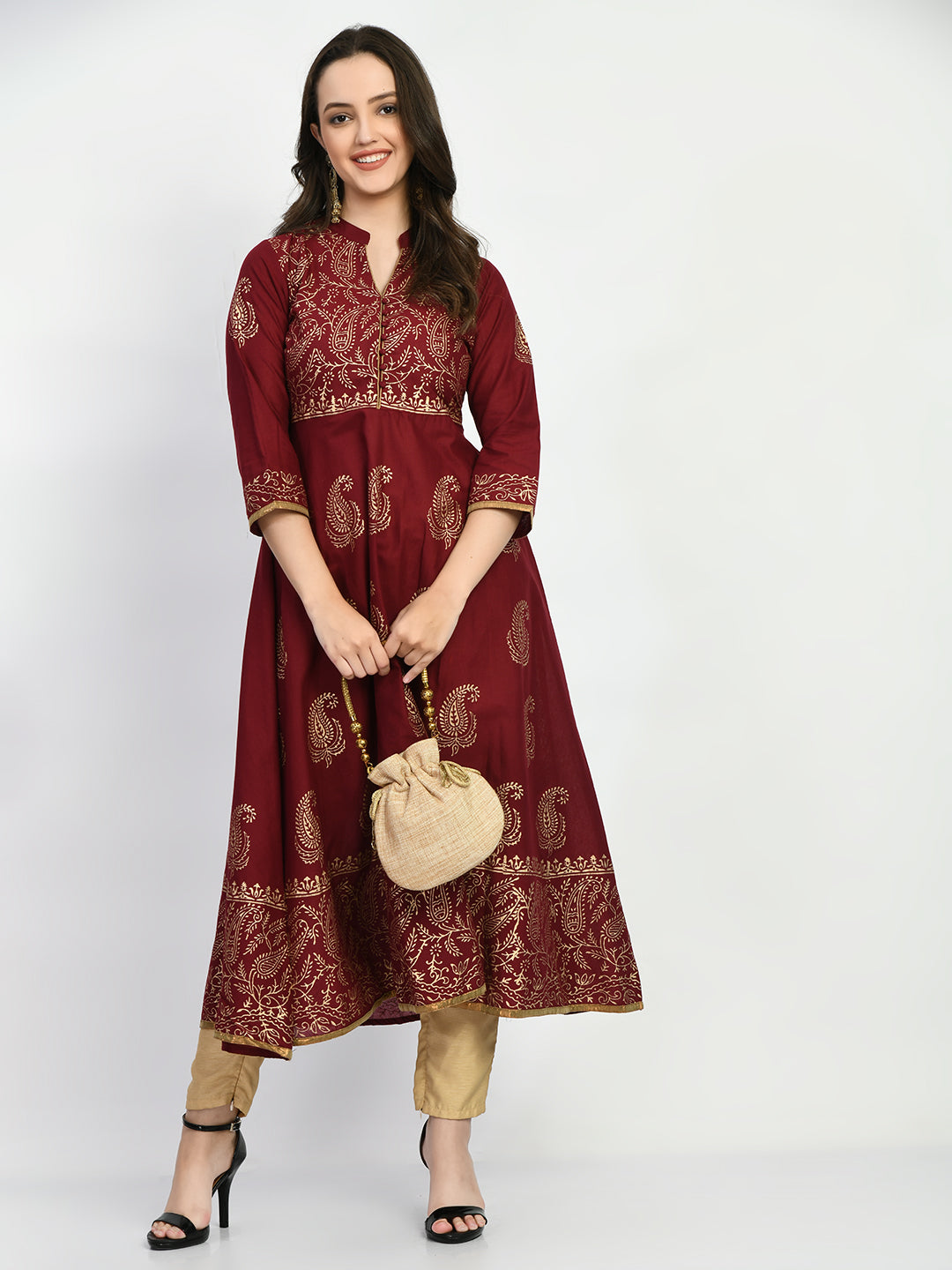 Women's Brown Hand block Printed Anarkali Kurta - Taantav