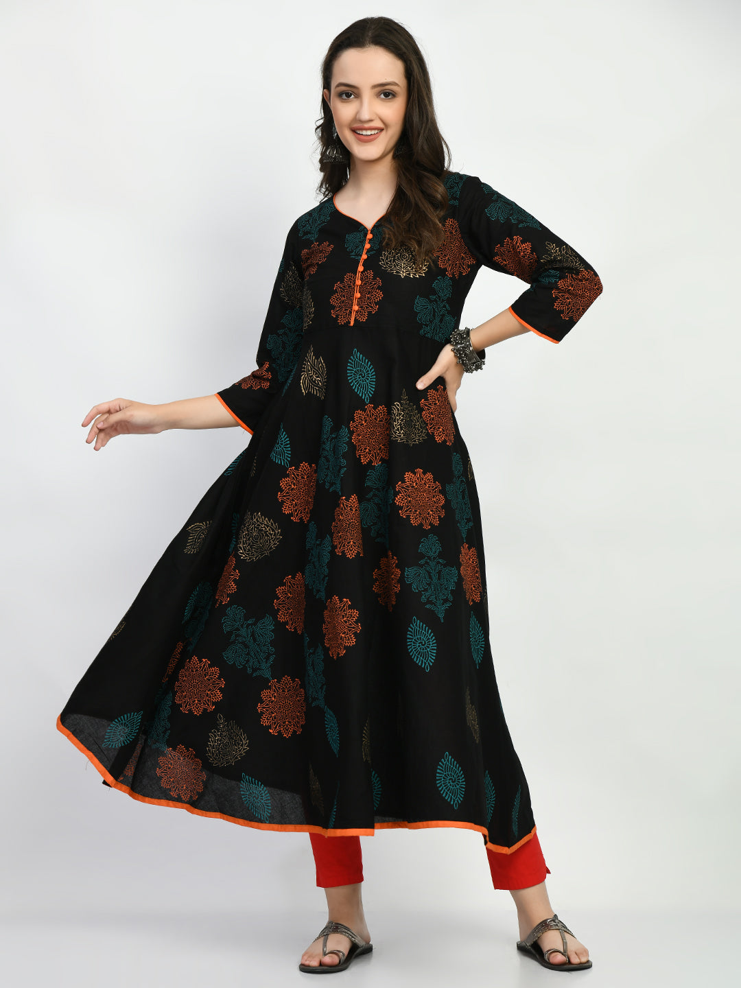 Women's Black Hand block Printed Anarkali Kurta - Taantav