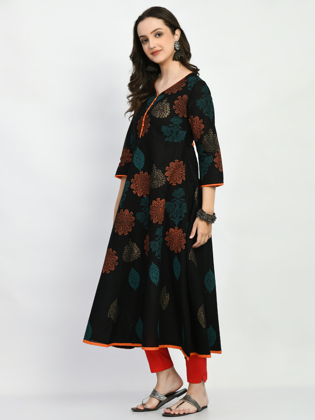 Women's Black Hand block Printed Anarkali Kurta - Taantav