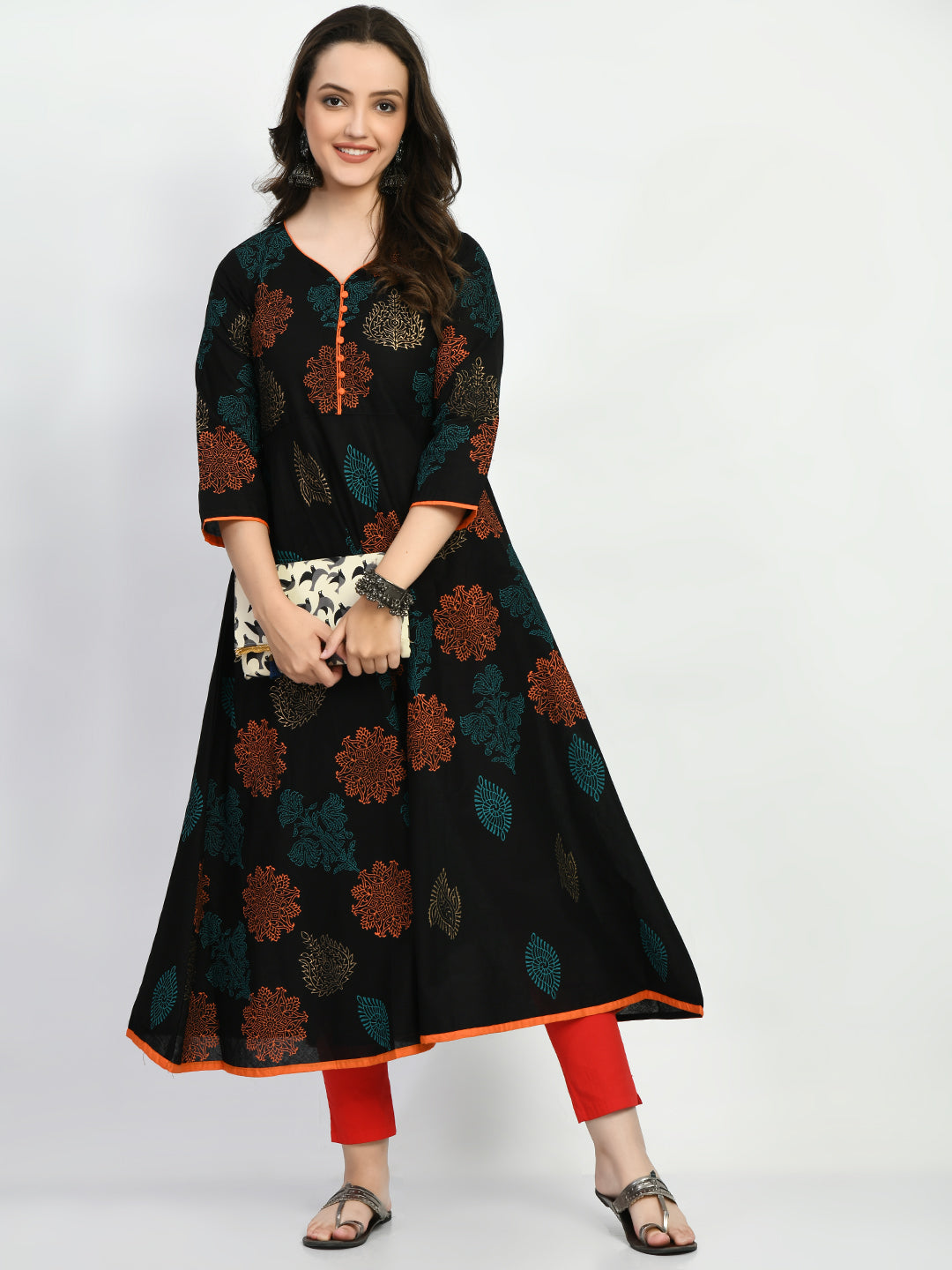 Women's Black Hand block Printed Anarkali Kurta - Taantav