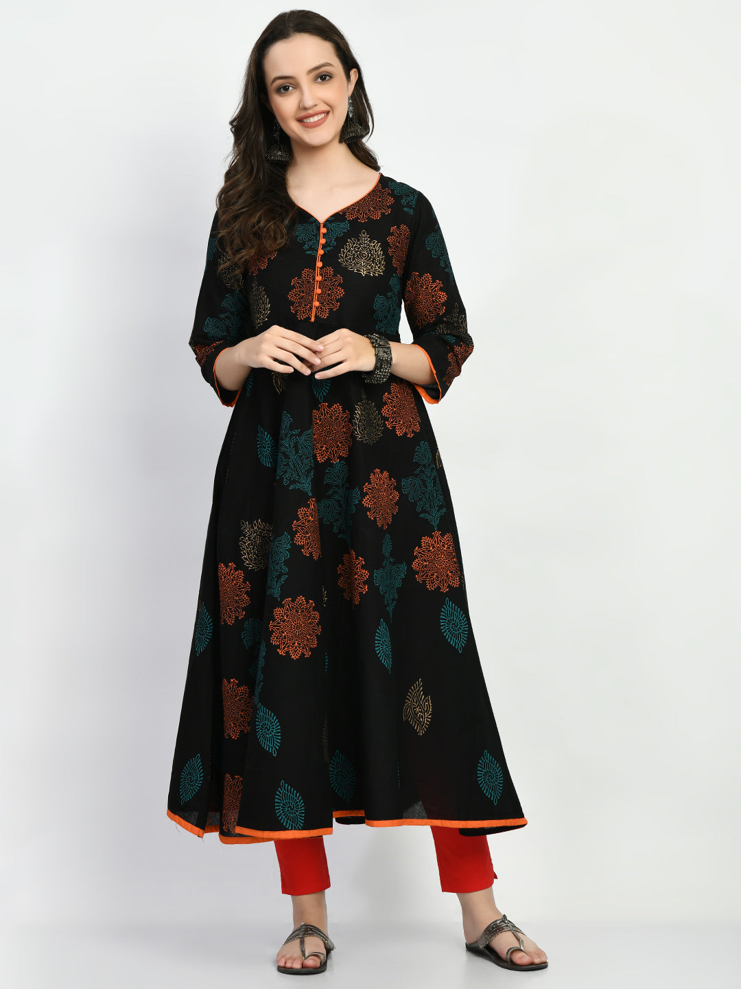 Women's Black Hand block Printed Anarkali Kurta - Taantav