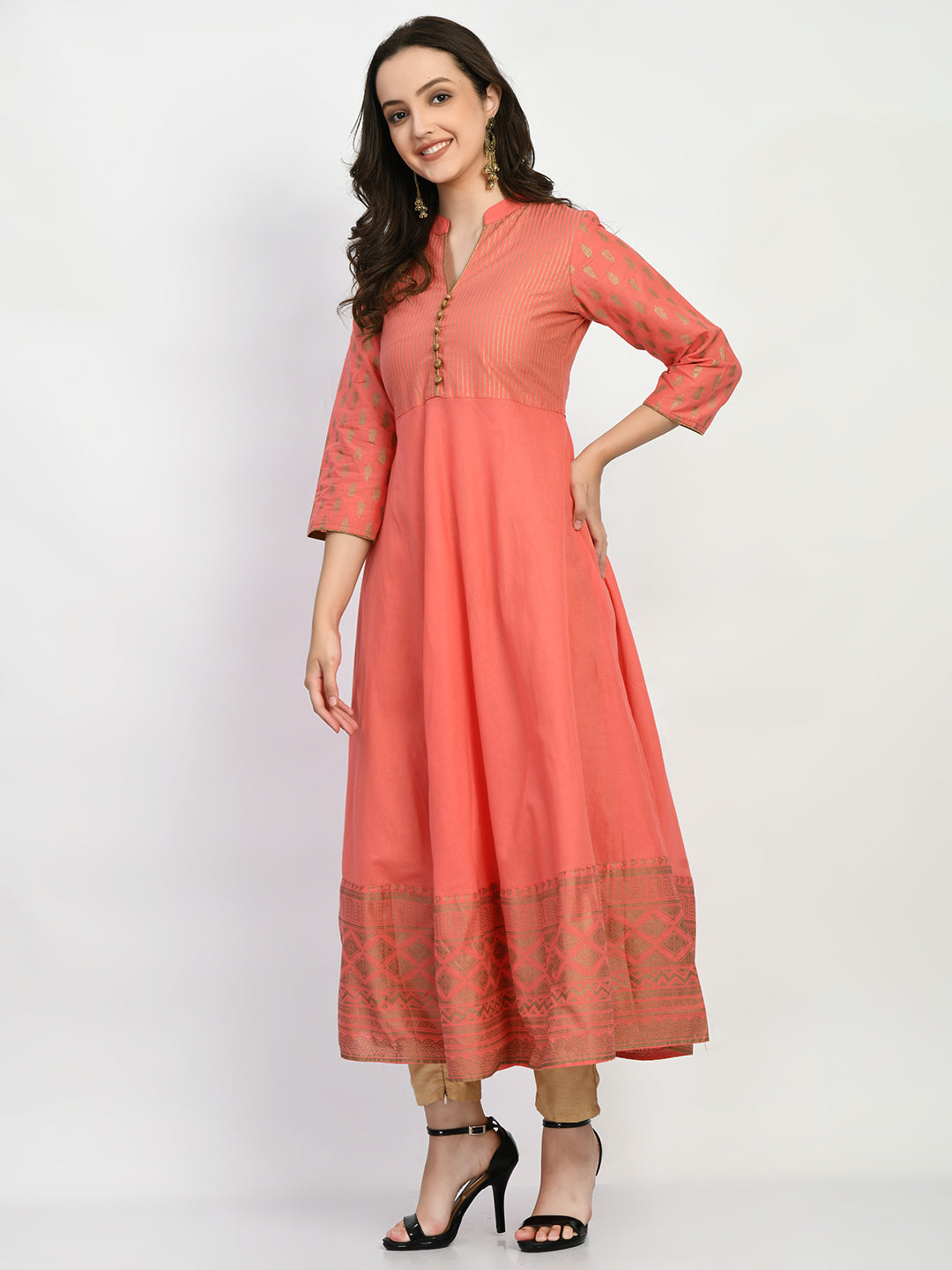 Women's Peach Hand block Printed Anarkali Kurta - Taantav