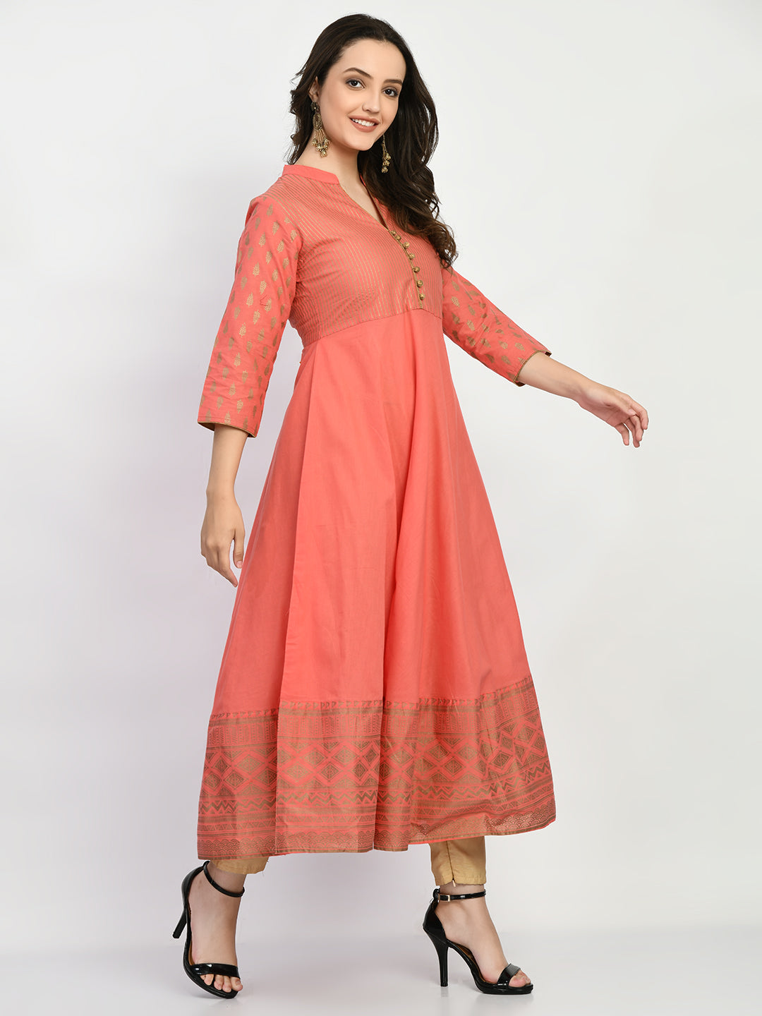 Women's Peach Hand block Printed Anarkali Kurta - Taantav