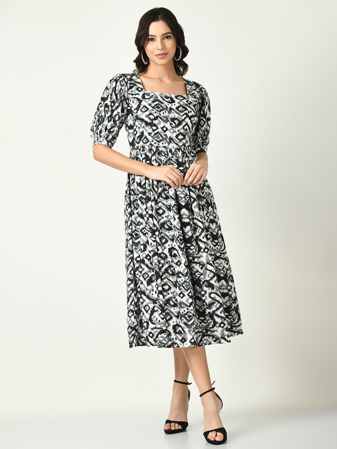 Women's Black Printed Midi Dress
