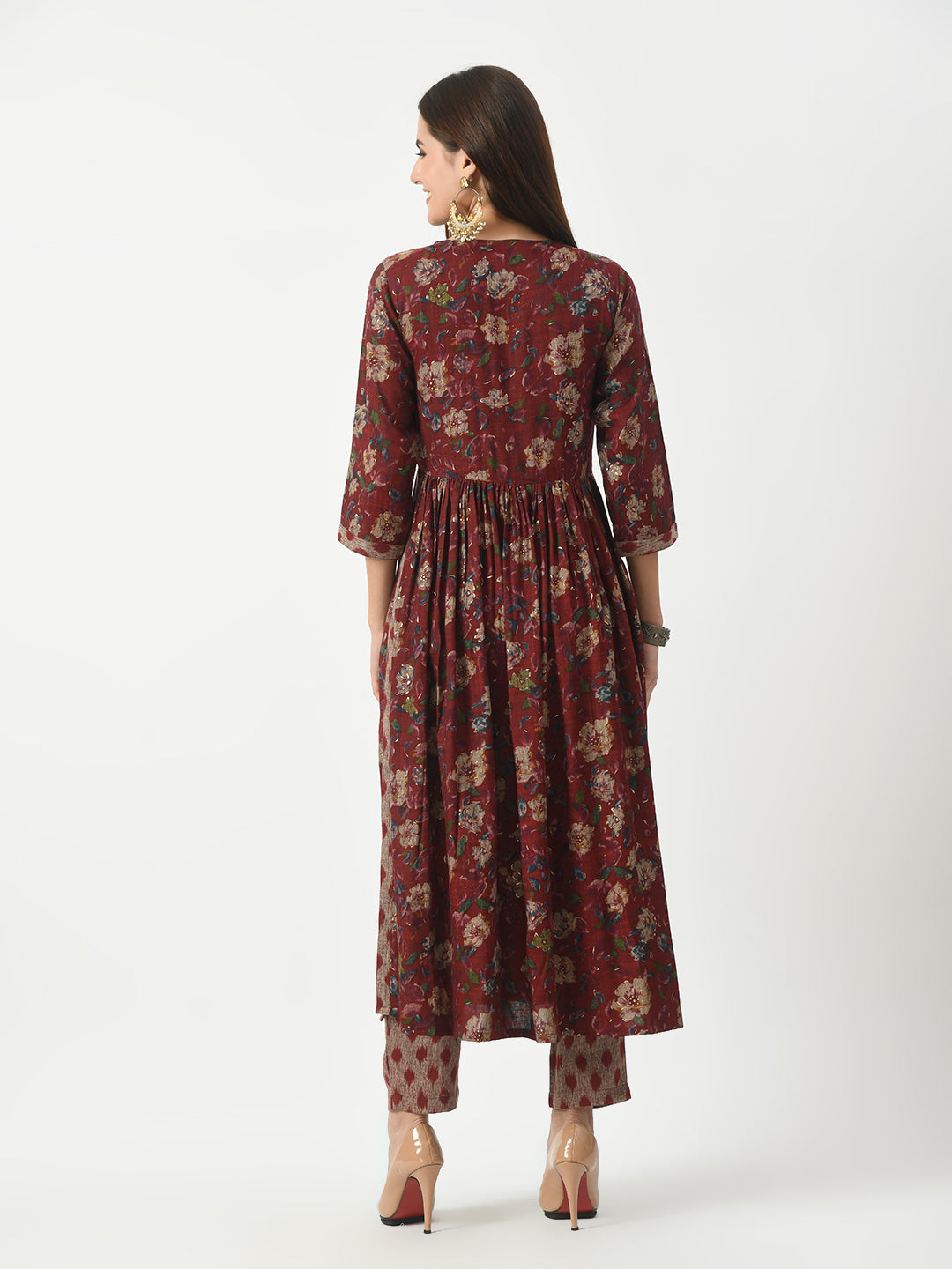 Women's Maroon Foil Printed Nyracut Kurta With Pant Set - Taantav