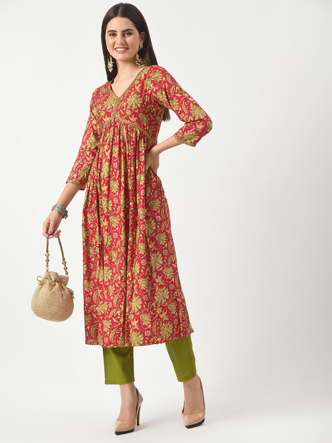 Women's Pink Floral Printed Alia cut Kurta With Pant - Taantav