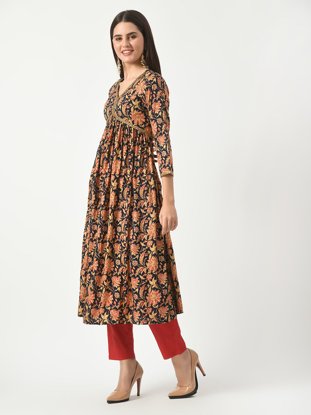 Women's Blue Floral Printed Alia cut Kurta With Pant - Taantav