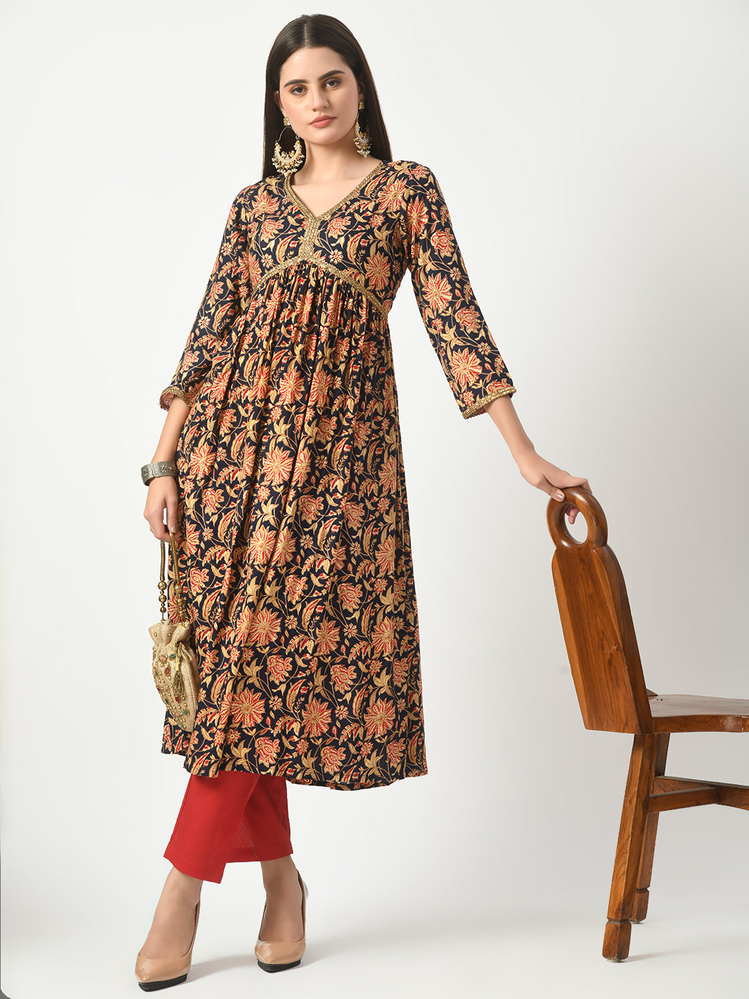 Women's Blue Floral Printed Alia cut Kurta With Pant - Taantav