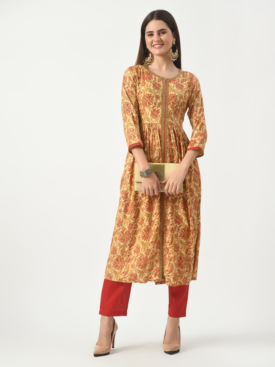 Women's Beige Floral Printed Flared Kurta With Pant - Taantav