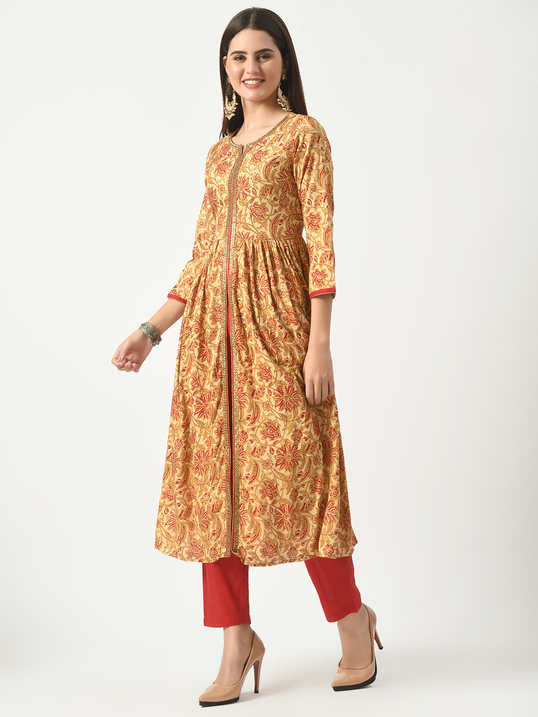 Women's Beige Floral Printed Flared Kurta With Pant - Taantav