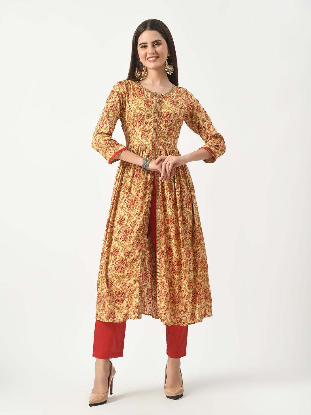 Women's Beige Floral Printed Flared Kurta With Pant - Taantav