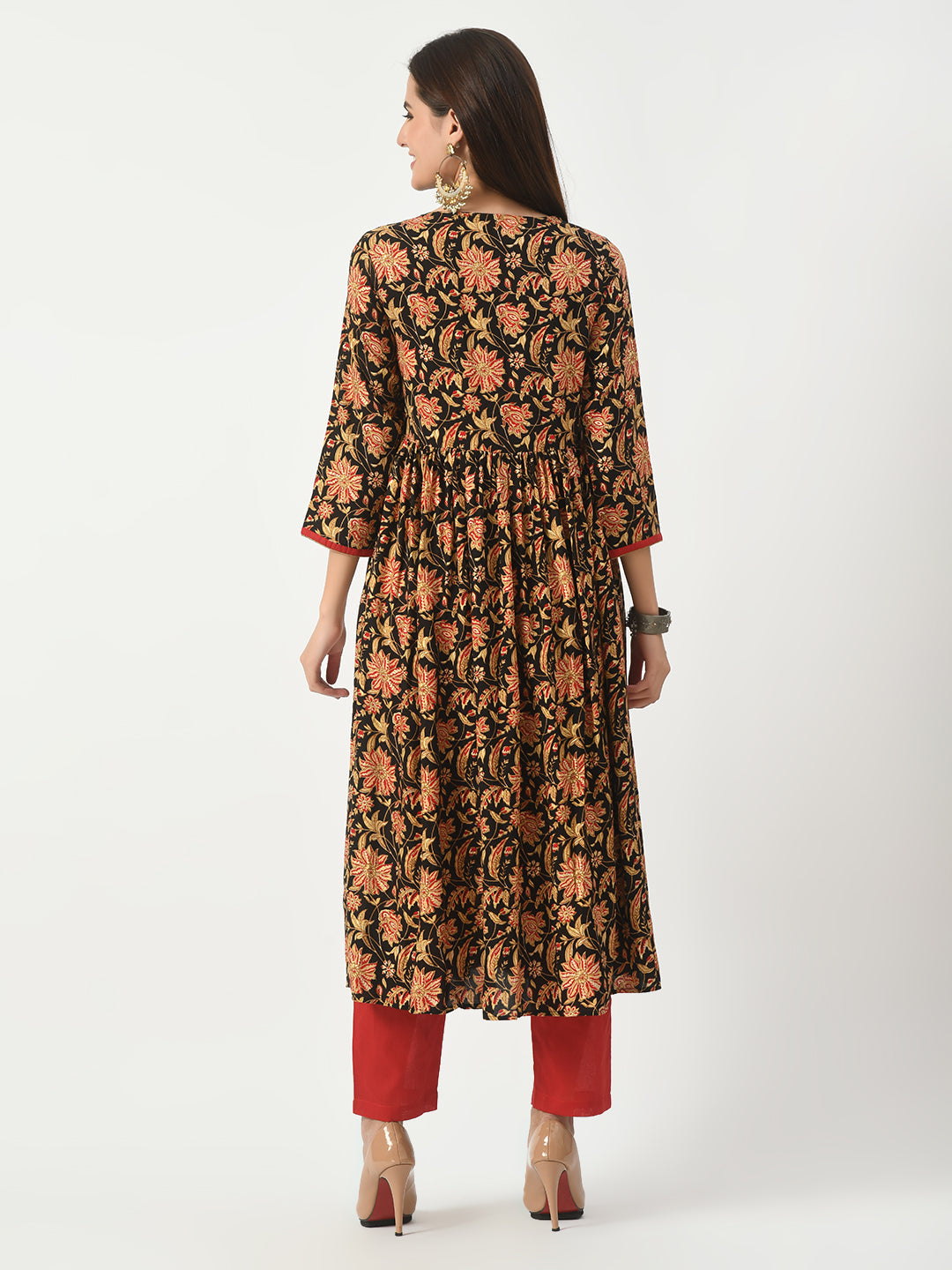 Women's Black Floral Printed Flared Kurta With Pant - Taantav