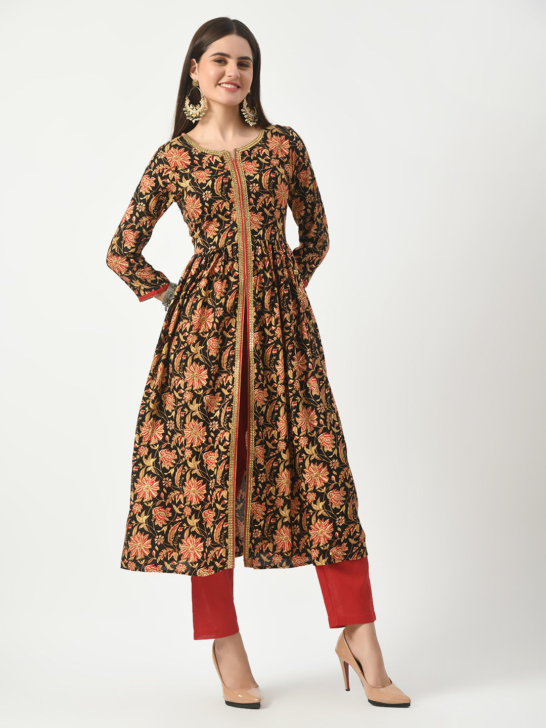 Women's Black Floral Printed Flared Kurta With Pant - Taantav