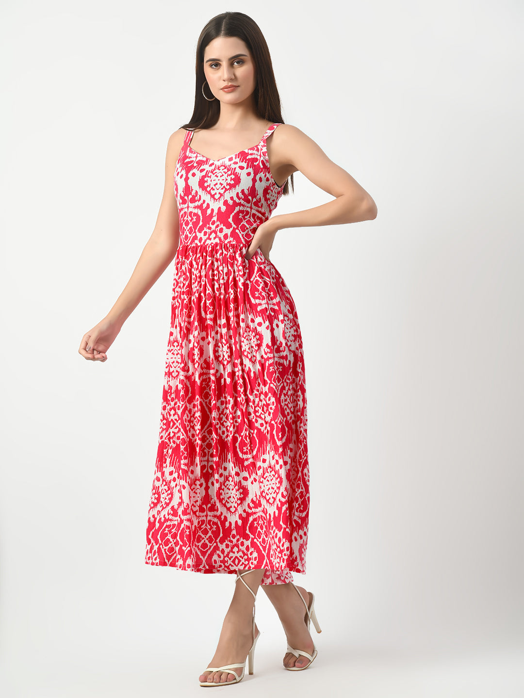 Women's Pink Printed Midi Dress - Taantav