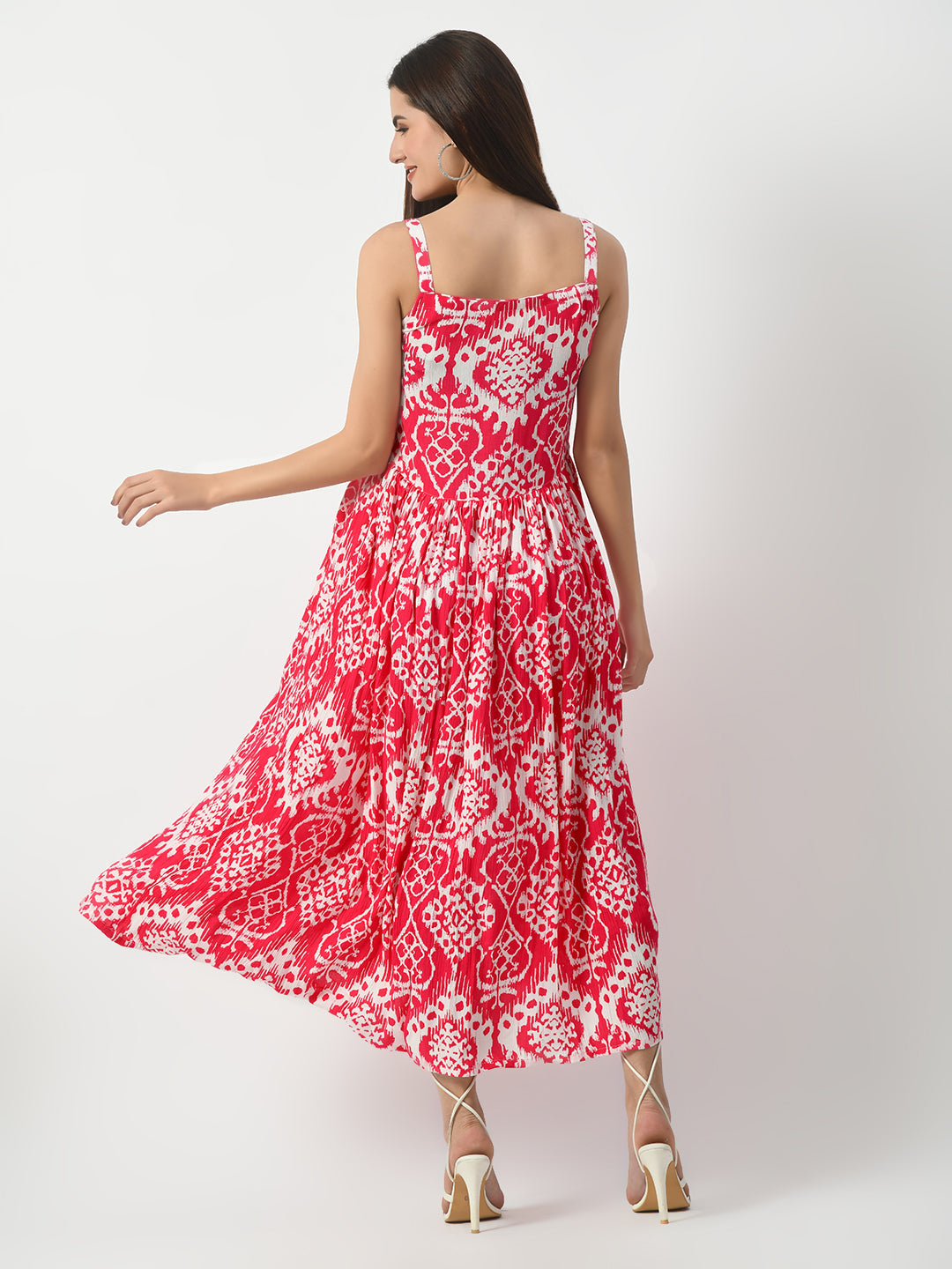 Women's Pink Printed Midi Dress - Taantav