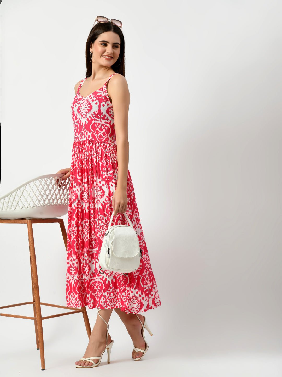 Women's Pink Printed Midi Dress - Taantav