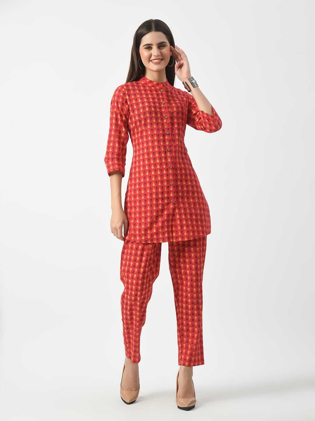 Women's Red Printed Co-ord Set For Women - Taantav