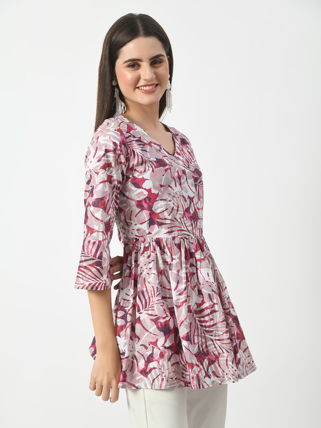 Women's Pink Printed Flared Short Kurti With Angrakha Style - Taantav