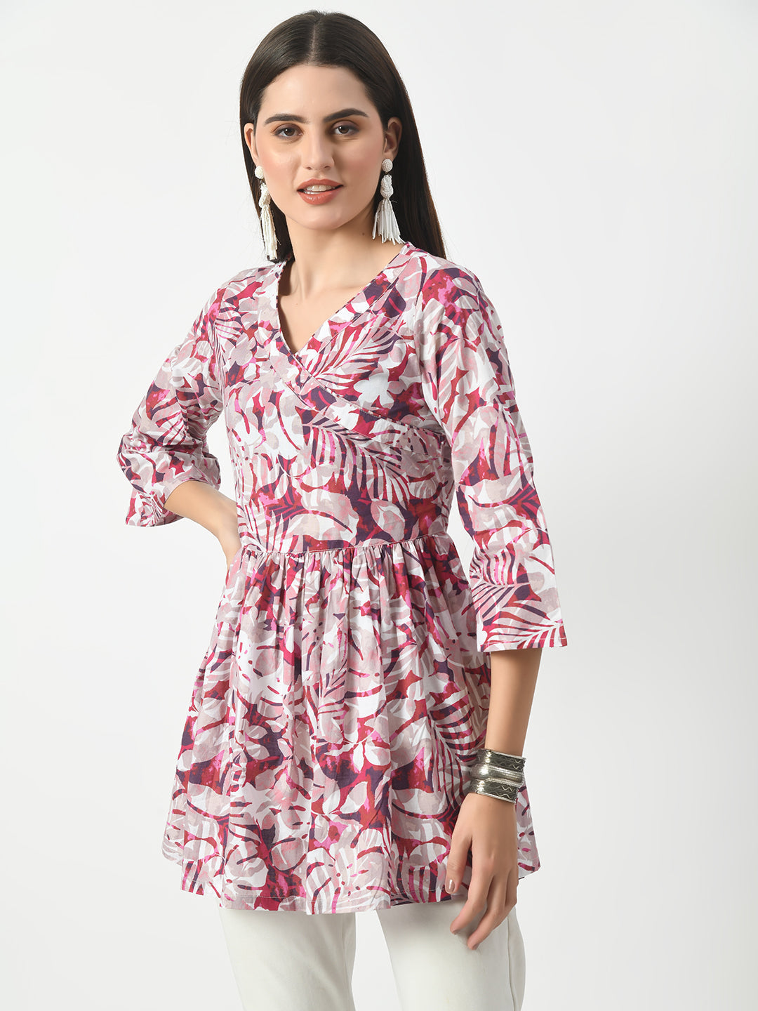 Women's Pink Printed Flared Short Kurti With Angrakha Style - Taantav