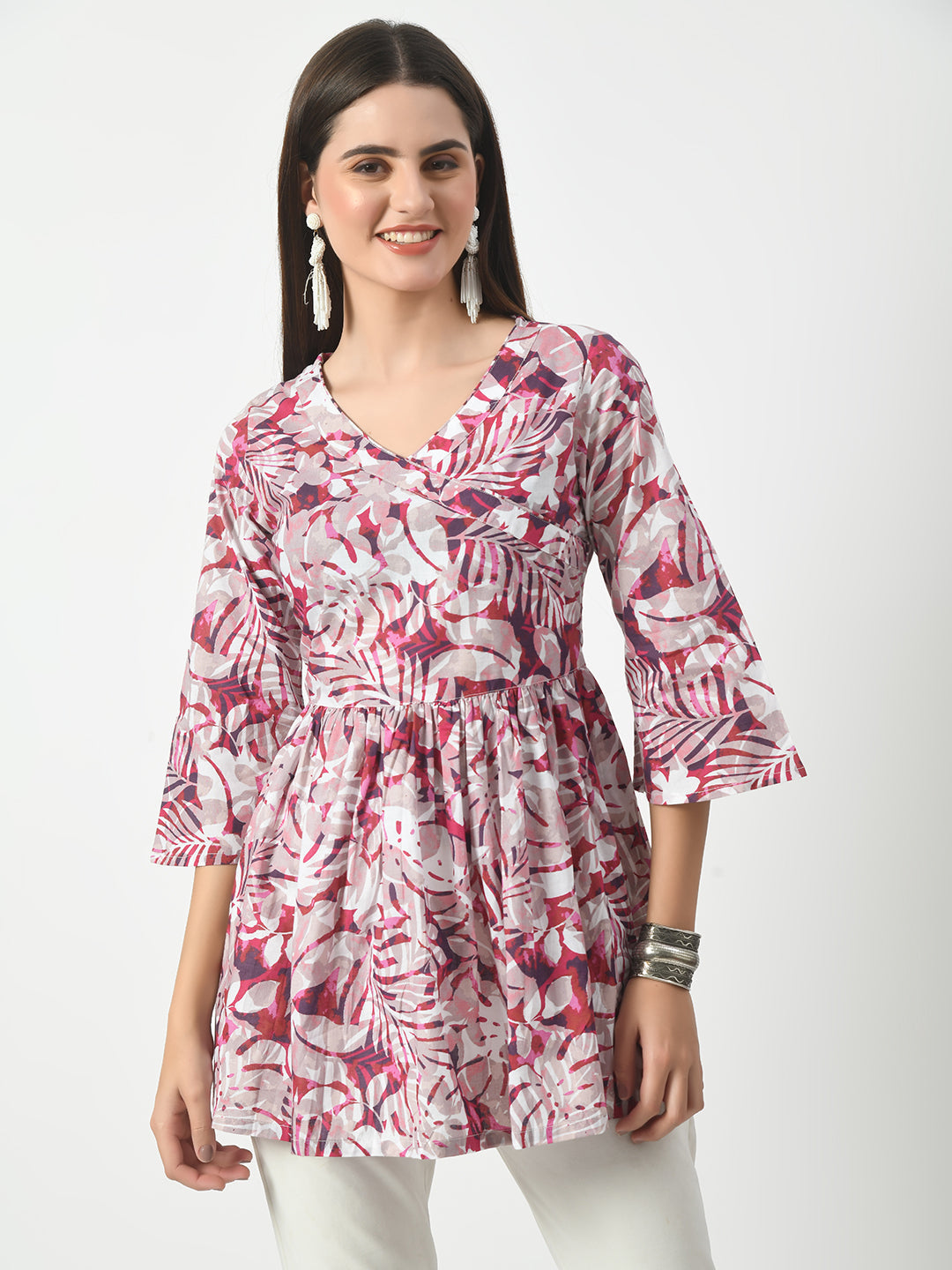 Women's Pink Printed Flared Short Kurti With Angrakha Style - Taantav