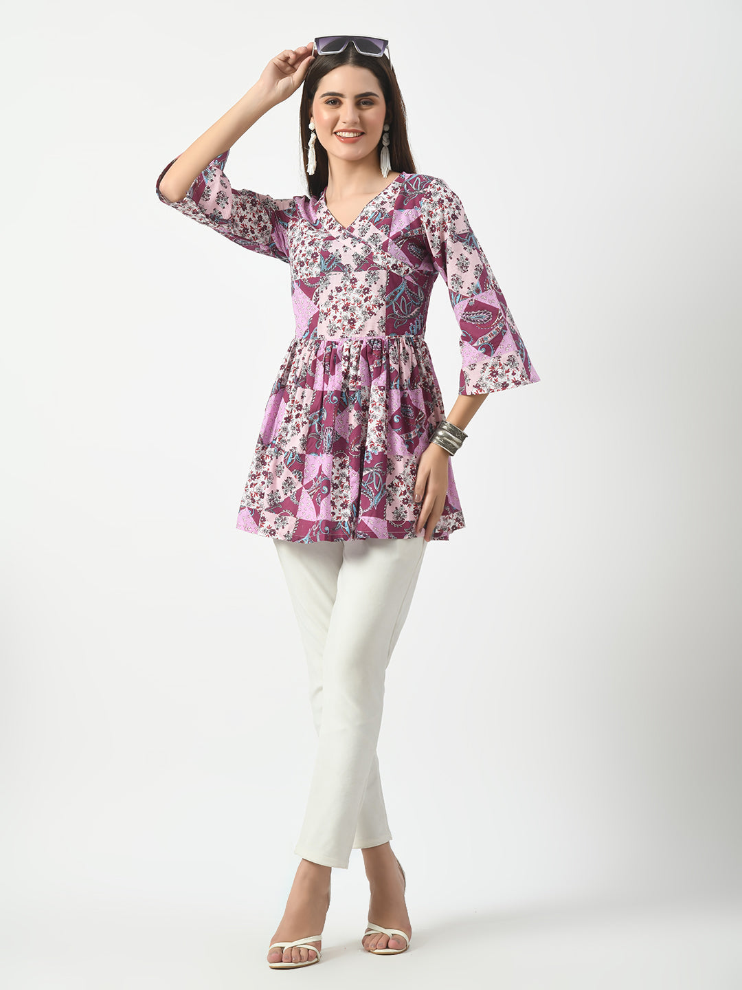 Women's Pink Printed Flared Short Kurti With Angrakha Style - Taantav