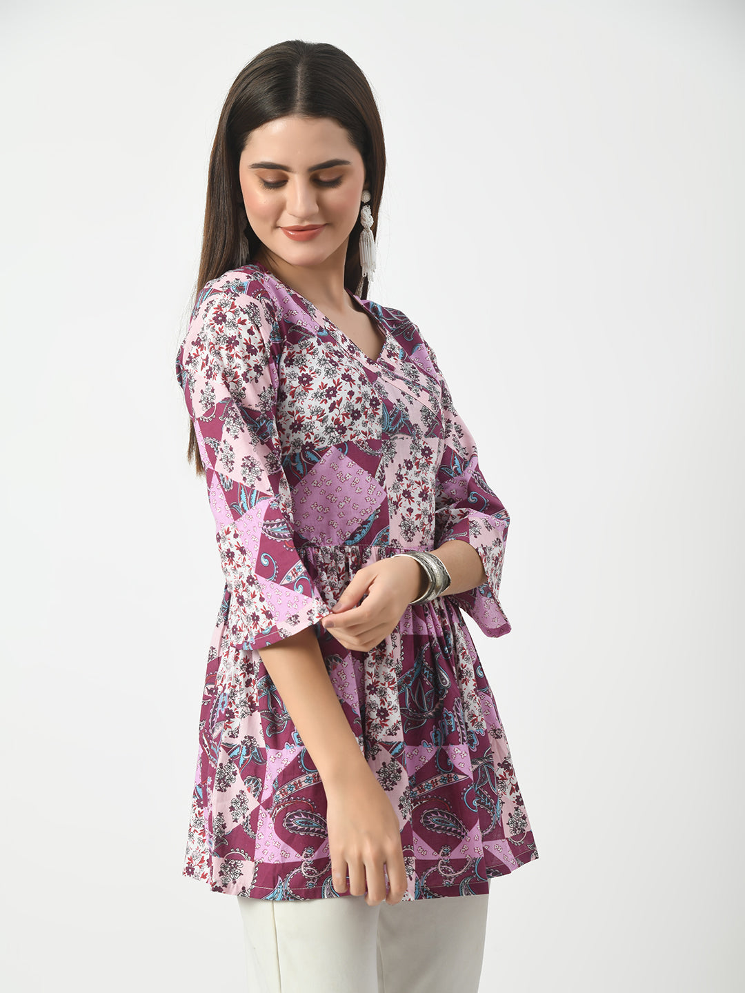 Women's Pink Printed Flared Short Kurti With Angrakha Style - Taantav