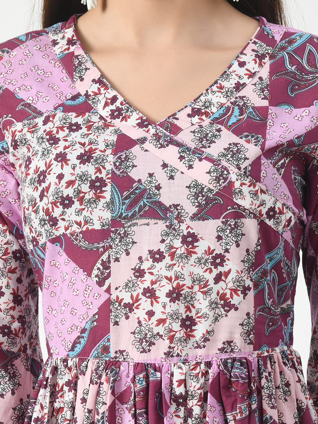 Women's Pink Printed Flared Short Kurti With Angrakha Style - Taantav