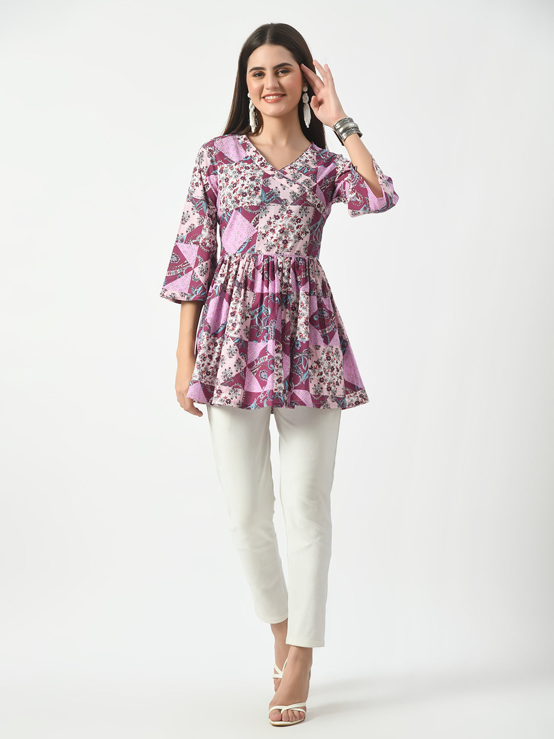 Women's Pink Printed Flared Short Kurti With Angrakha Style - Taantav