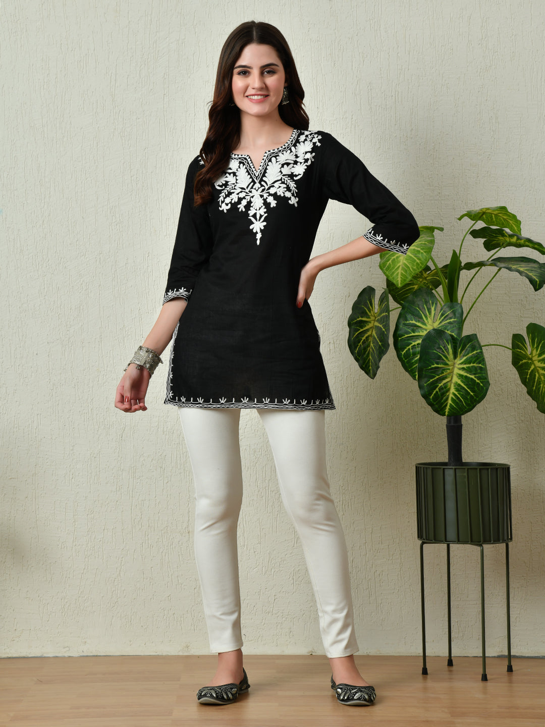 Women's Stylish black Cotton Short Kurti with Elegant Work - Taantav