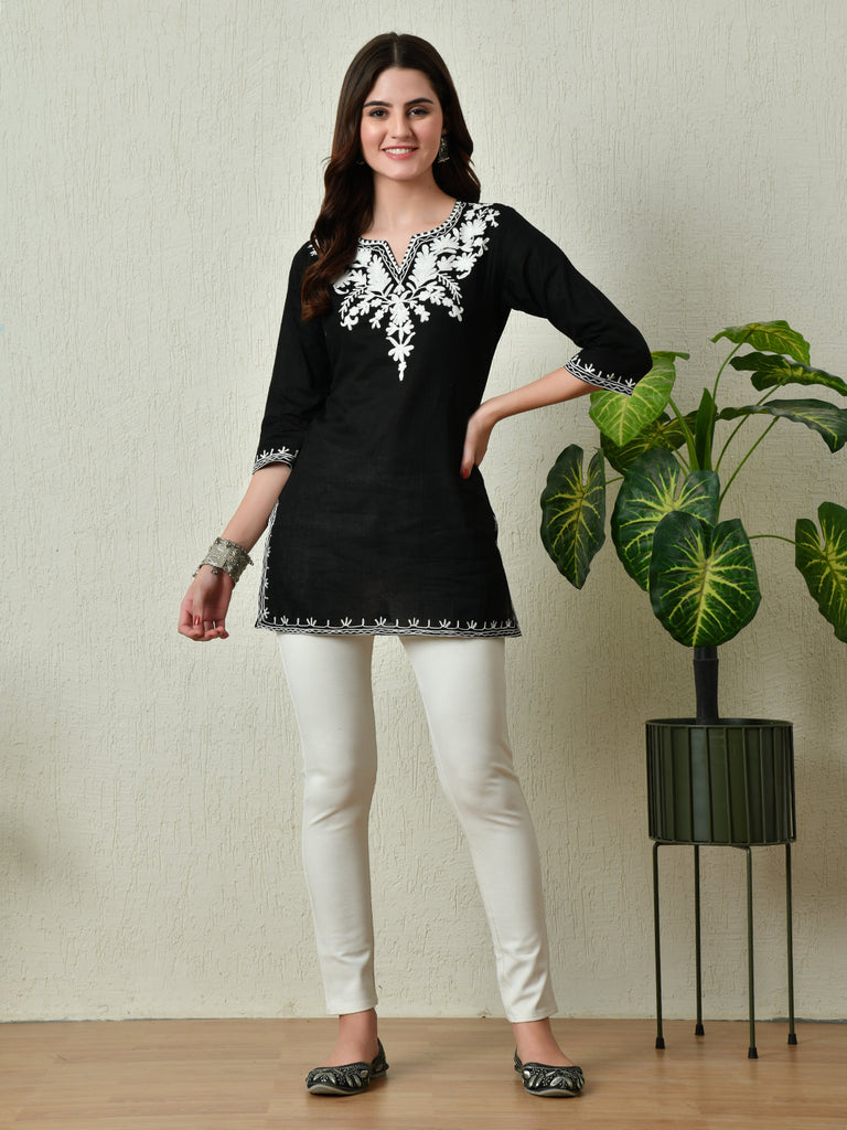 Women's Stylish black Cotton Short Kurti with Elegant Work