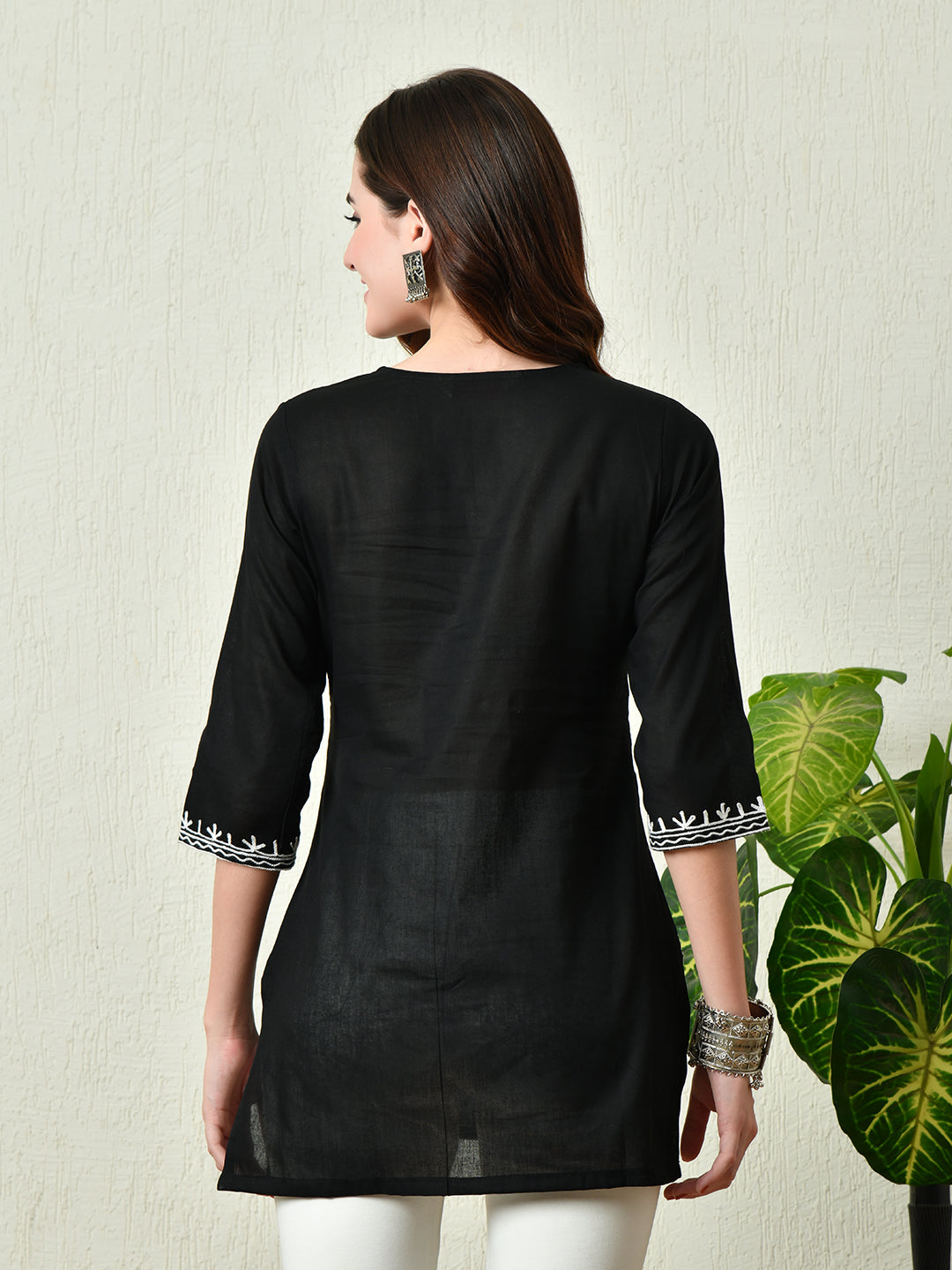 Women's Stylish black Cotton Short Kurti with Elegant Work - Taantav